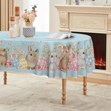 Imagem de Horaldaily Toalha de mesa de Páscoa 152 × 213 cm, oval, coelhinhos da primavera, azul, grão de madeira, lavável, capa de mesa sazonal para decoração de festa, piquenique, jantar