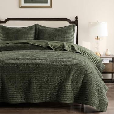 Imagem de WDCOZY Conjunto de colcha de veludo Queen Size – Colcha de cama macia e leve listrada verde-oliva, verde escuro, neutra com nervuras, campo, rústico, edredom moderno, quente, fino, 3 peças