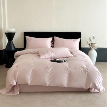 Imagem de Jogo de cama de algodão com bordado de rosas e borboletas, capa de edredom, lençol de cima e lençol de baixo com elástico, rosa. 1,8 MBed