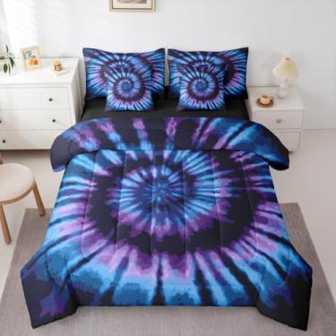 Imagem de Erosebridal Conjunto de edredom Queen Tie Dye com 7 peças, cama espiral azul roxa em uma bolsa, conjunto de cama aquarela com edredom, lençóis, fronhas em forma de redemoinho, decoração de quarto