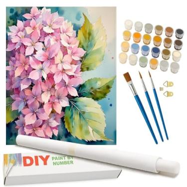 Imagem de Kit de pintura de hortênsia rosa por números para adultos - Pintura de buquê floral DIY em tela enrolada 40,6 x 50,8 cm, conjunto de tinta acrílica, adequado para iniciantes, arte para decoração de