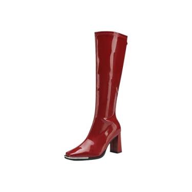 Imagem de Botas femininas modernas de inverno de couro envernizado, cor sólida, bico quadrado, bico fino, zíper nas costas, salto alto grosso, Vermelho, 36