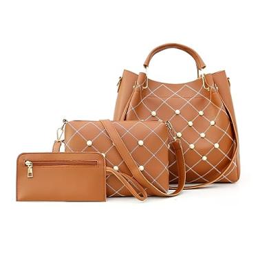 Imagem de NICOLE & DORIS Bolsas femininas com alça superior, bolsa de ombro de couro sintético macio, conjunto de 3 peças, Marrom, Large