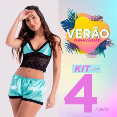 Imagem de Kit C/ 4 Baby Dool Cereja Pijamas Feminino Short Dool Promoção Cetim S