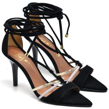 Imagem de Sandália Salto Médio Bico Folha em Couro Preto Ella's, 36, Feminino, P