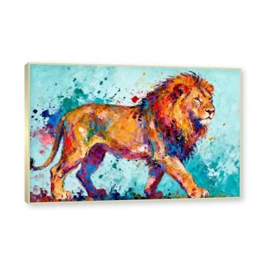 Imagem de NHLDZYH Moldura dourada. Pintura salpicada de leão pintura em tela abstrata arte animal mural vívido chama a atenção para sala de estar decoração de casa moderna. A41. 80 x 120 cm.