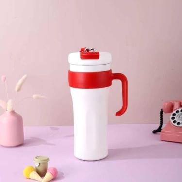 Imagem de Garrafa Térmica Tampa Rosqueável Aço Inox com Canudo Grande Capacidade 1200ml (Branco/Vermelho,1200)