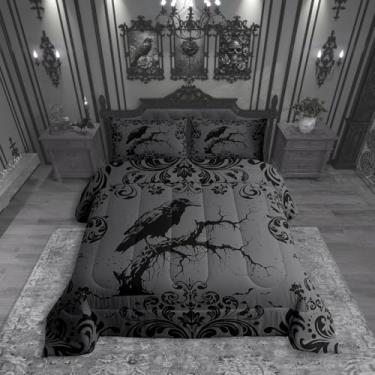 Imagem de Erosebridal Jogo de cama Queen com corvo preto, damasco, floral, gótico, para adultos, homens e mulheres, adolescentes, preto, cinza, decoração de Halloween, galho, árvore, pássaro, edredom