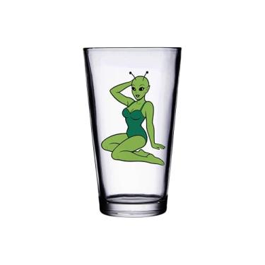Imagem de Hat Shark Copo de cerveja sexy Pin-Up Girl Lady, vidro transparente, 473 ml, 100% seguro para lava-louças, tema retrô vintage (Sexy Alien Lady Pin-Up)