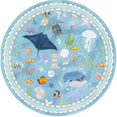 Imagem de Tapete macio de borracha antiderrapante de lã sintética lavável com animais marinhos para sala de jogos, banheiro, sala de estar, quarto, cabeceira, praia, fofo, náutico, berçário (azul celeste, 1,8 m