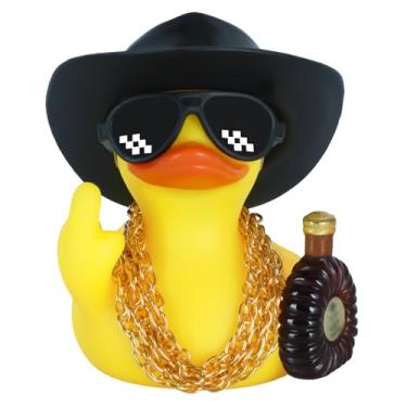 Imagem de Ornamentos de carro de pato de dedo médio - Decoração moderna de pato com óculos de sol, 3 correntes de ouro, chapéu de cowboy e garrafa - Decoração de festa fácil de colar no painel para jovens