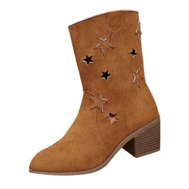 Imagem de Botas femininas em formato de estrela, bico fino, salto grosso, retrô, casual, Marrom, 35