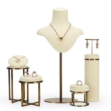 Imagem de KEG801302 Suporte de exibição de joias de veludo, conjunto de 5 suportes para colar, cabides de joias para colares, suportes de exibição de busto de joias de metal para vender porta-joias