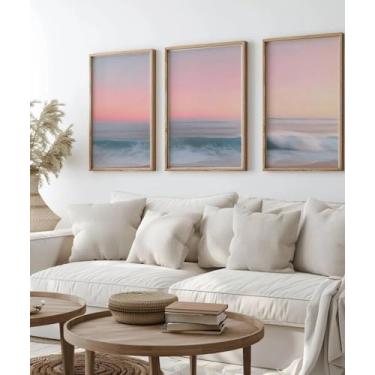 Imagem de 3 peças de arte de parede pôr do sol oceano paisagem praia impressões costeiras pintura em tela arte para sala de estar decoração de casa com moldura interna