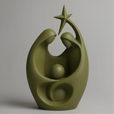 Imagem de Estatueta Sagrada Família Decorativa Moderna Minimalista Verde Oliva- Enfeite Religioso Abstrato em 3D 11,5cm