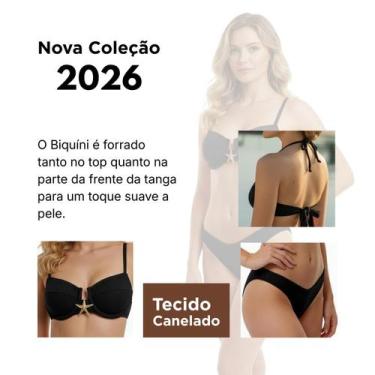 Imagem de Biquíni Meia Taça Textura Canelado com Bojo Pingente Dourado Tanga Asa