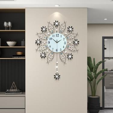 Imagem de JTWALCLOCK Relógio de parede decorativo para decoração de sala de estar grande relógio de parede preto moderno de cristal com pêndulo operado por bateria sem tique-taque grande relógio de metal