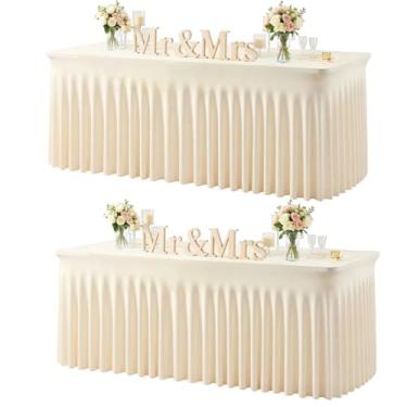 Imagem de Toalha de mesa de champanhe para mesas retangulares de 1,8 m com elástico, capa de mesa de elastano com saia para chá de bebê, festa de aniversário, banquete, babados, toalha de mesa de casamento