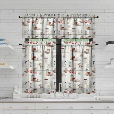 Imagem de Tapesb Conjunto de 3 peças de cortina de café e cozinha com saia de cortina engraçada para janela pequena sobre a pia essenciais para decoração de cozinha, quarto, lavanderia, 69,8 x 91,4 cm