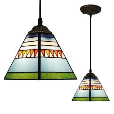 Imagem de Lustre Tiffany, luminária de teto, lustre vintage com pirâmide de lótus rosa e azul para decoração de interiores, ideal para quarto, sala de estar e ilha de cozinha (Azul-B)