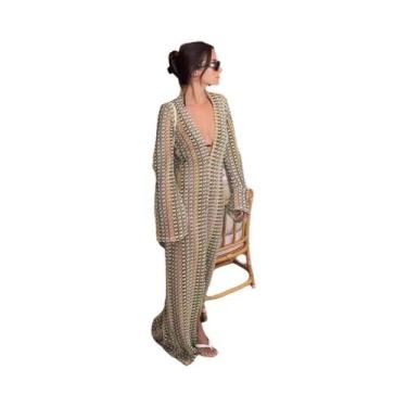 Imagem de Vestido Maxi De Crochê Com Listras Coloridas Para Mulheres, Manga Larg