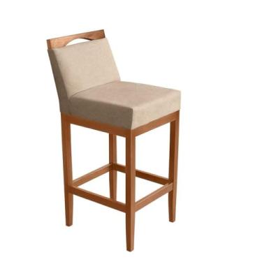 Imagem de 1 Banqueta Baixa para Balcão Estofada com Encosto em Madeira Cozinha Bancada Banco Alto Luxo(Linho Bege,0,85cm total - 60cm assento)