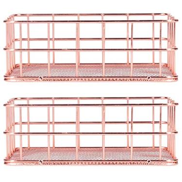 Imagem de 2 peças nórdica simples rosa ouro cesta de armazenamento de ferro forjado recipiente organizador de mesa organizador de armazenamento doméstico para sala de estar banheiro (Tamanho pequeno)