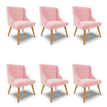Imagem de Kit 06 Cadeiras De Jantar Liz Suede Rosa Bebê Pés Palito Castanho