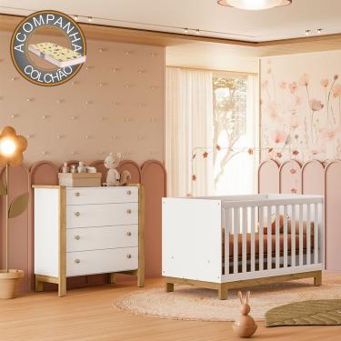 Imagem de Quarto de Bebê com Berço 4315 Slim e Cômoda 5135 Flora Branco Acetinado Qmovi + Colchão Gazin