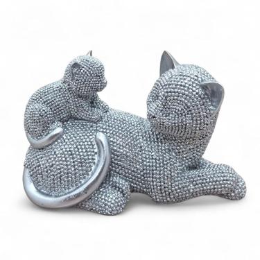 Imagem de Estátua Gatinho e Mãe Deitados Resina Prata com Brilho 11 cm