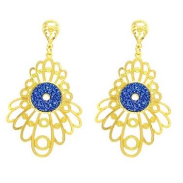 Imagem de Brinco Glamour Flores Folheado Ouro 18k com Detalhes Safira