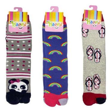 Imagem de Kit 3 Meia Dedo Dedão Colorida Cano Médio Chinelinho Ninja Tamanho:34-