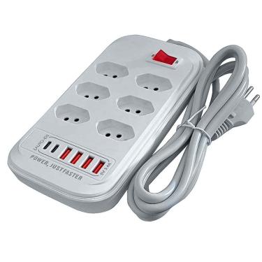 Imagem de Protetor Eletrônico Filtro De Linha Com Usb 3.4A Carregamento Rapido E Tipo C 6 Tomadas Usb Bivolt Extensão Cabo 2M