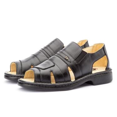 Imagem de Sandalia Masculina Em Couro Calce Facil Elastico Ortopedica Linha Conforto Forrada Macia Anatomica-Masculino