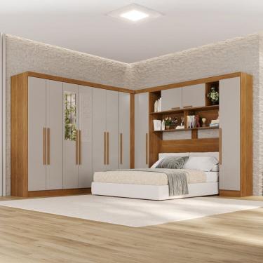 Imagem de Guarda-roupa de Canto com Espelho Modulado 11 Portas 2 Gavetas Brasil Cinamomo/Off-White