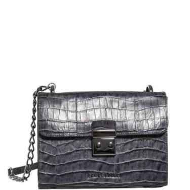 Imagem de Bolsa Transversal Feminina Couro Legitimo Preta Croco com Alça Corrente-Feminino