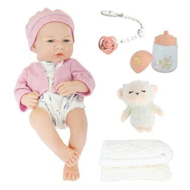 Imagem de Bebê Reborn Boneca Menina Rosa 35cm Realista Vinil C/ Mamadeira - DM T