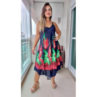 Imagem de Vestido Feminino Indiano Alça c/ Regulagem e Bolsos Trapézio Plus Size