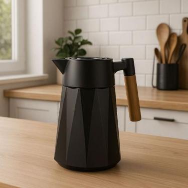 Imagem de Garrafa Térmica Prisma Preta 1 Litro Café Chá Cabo Madeira - DOLCE HOM