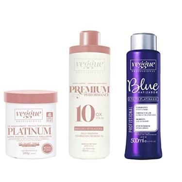 Imagem de Kit Pó descolorante Azul Premium, Água Oxigenada 10 Volumes e Matizador Blue Platinado, Veggue Profissional
