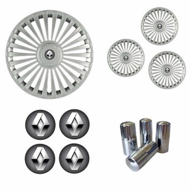 Imagem de Jogo Calota Aro 15 Europa Premium Renault + Emblema Resinado + Tampa Ventil Cromada (Sandero Logan Clio Scenic Megane)