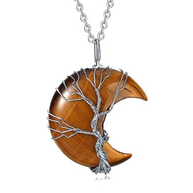Imagem de XIANNVXI Colares femininos com pingente de lua crescente, árvore da vida, colar de cristal envolto em arame, joia de quartzo de pedra preciosa natural para mulheres, Pedra