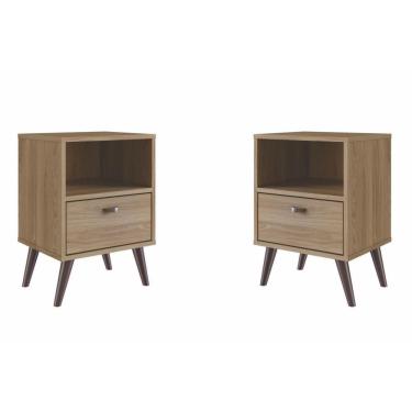 Imagem de Kit 2 Mesas de Cabeceira Pequena Apoio Lateral Com 1 Gaveta 4 Pés Quarto Marrom Madeira