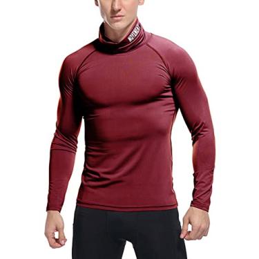 Imagem de NJNJGO Camiseta masculina de corrida atlética com gola rolê, camisas térmicas masculinas de compressão de manga comprida, Vermelho, M