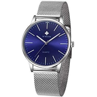 Imagem de Relógio masculino simples slim analógico de quartzo à prova d'água com pulseira de malha de aço inoxidável, casual, relógios de pulso, Azul