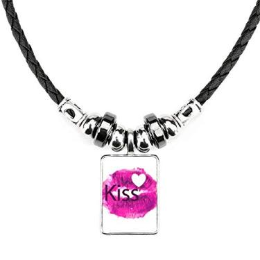 Imagem de Kiss Love Colar de Lábios Rosa para Dia dos Namorados Joia Torque Pingente de Corda de Couro