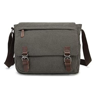 Imagem de Sechunk Canvas Leather Messenger Bag Bolsa de ombro Bolsa transversal transversal para laptop de 15 polegadas, Cinza, Small, Mensageiro
