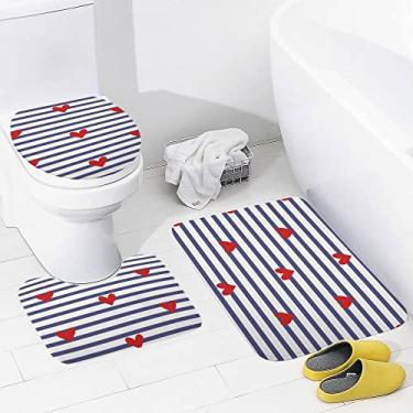 Imagem de Conjunto de 3 peças de tapetes de banheiro com listras azuis e brancas, tapete de banheiro lavável antiderrapante, tapete de contorno e tampa para banheiro