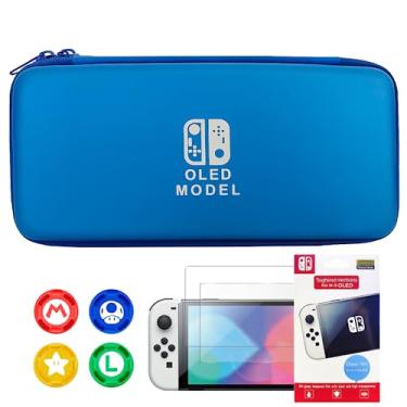 Imagem de Case Capa Nintendo Switch Oled Bolsa Estojo De Viagem para Proteção Kit com Película de Vidro e Grips Azul