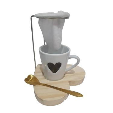 Imagem de Kit Caneca Xícara Mini Coador Café Individual Reutilizável (Branco Coração)